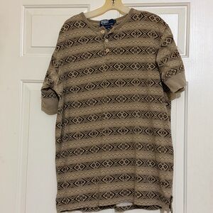 Vintage 90s Polo by Ralph Lauren Tan & Brown Aztec Patterned Henley Shirt Large
